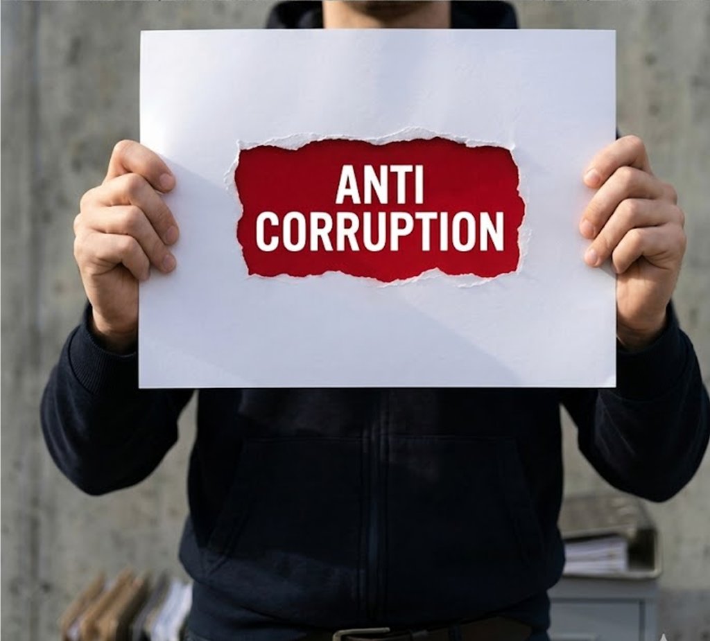 A man holding a poster of anti corruption